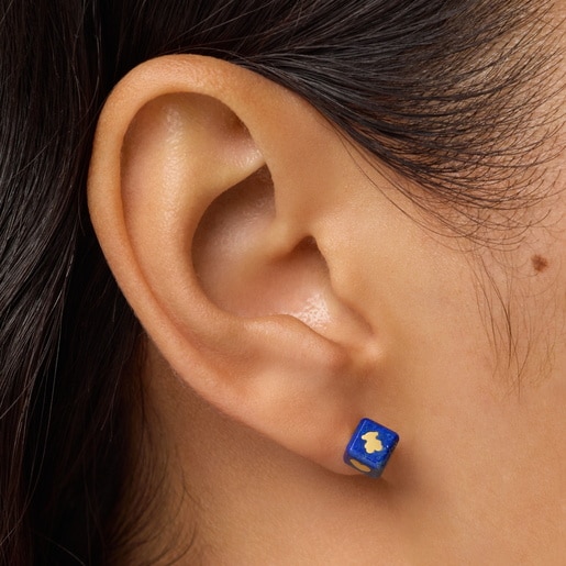 14kt gold Earrings with lapis lazuli Cube