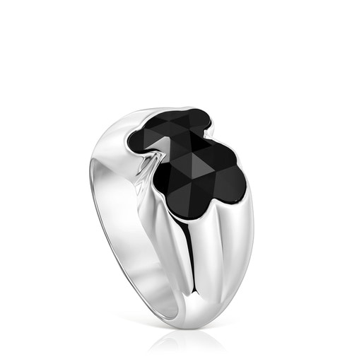 Medium silver Ring with bear motif in onyx TOUS Icon Color