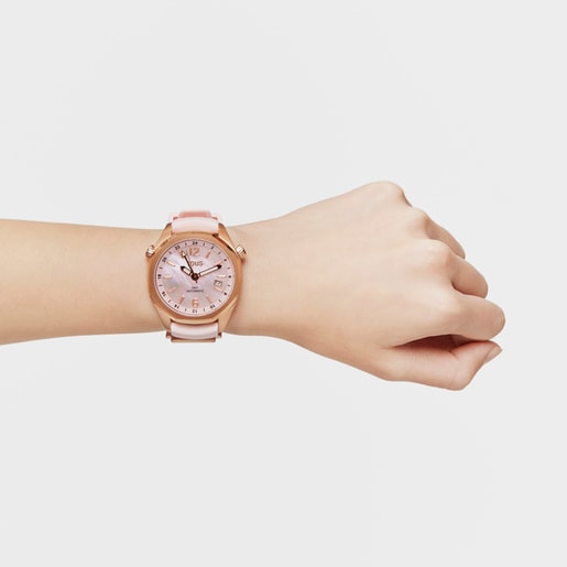 gmt automatic Watch with pink silicone strap, rose-colored IPRG steel case and mother-of-pearl face TOUS Now