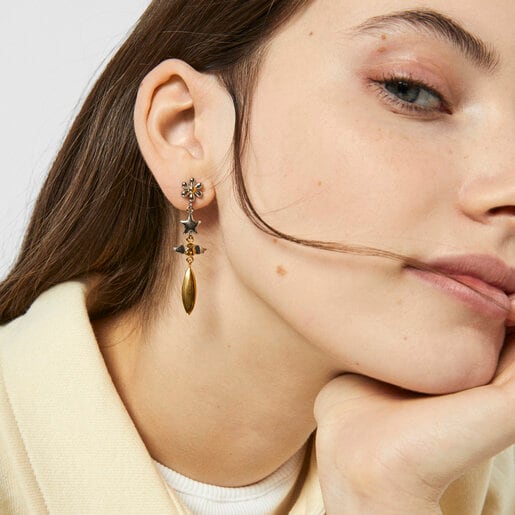 Long gold colored IP Steel Fragile Nature Earrings