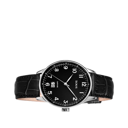 Steel Porto II Watch with black Leather strap