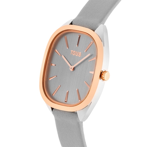 Montre analogique en acier IPRG rose avec bracelet en cuir gris Heritage