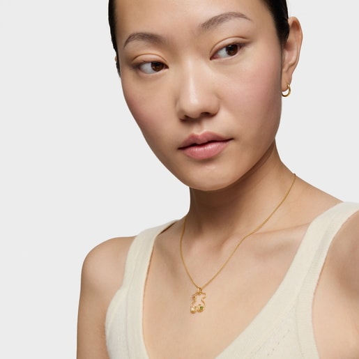 Gold Tsuri Bear pendant with gemstones and a cultured pearl