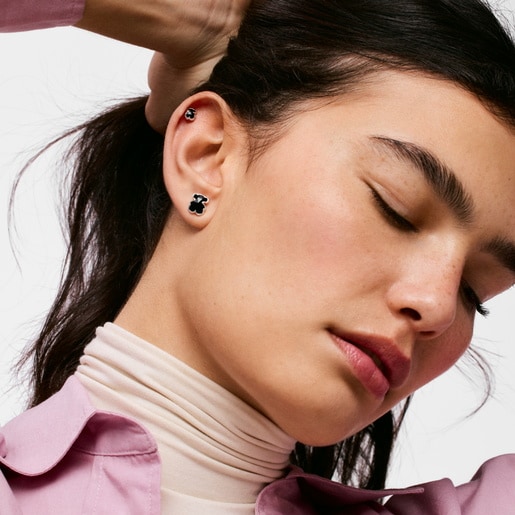 Pendientes oso de plata y ónix 10 mm Icon Color