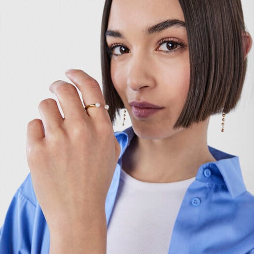 ゴールドコーティングシルバーにパールが付いたリング Batala