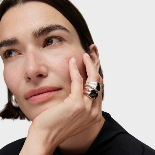 Silver TOUS Color Ring with faceted Onyx 1,3cm.