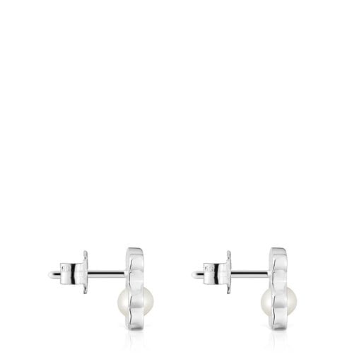 Small 10 mm silver bear earrings with cultured pearls I-Bear | TOUS