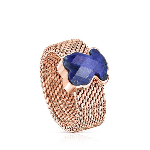 Anillo de acero IP rosado y lapislázuli facetado motivo oso Mesh Color