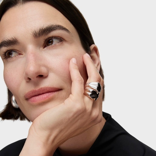 Silver TOUS Color Ring with faceted Onyx 1,3cm.
