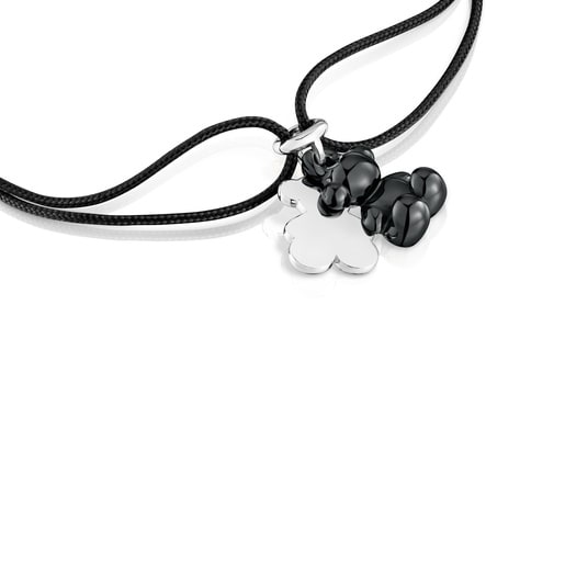 Pulsera doble oso de plata con cerámica negra y nylon negro Bold Bear