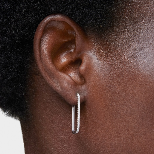 Aretes aro largos oval de oro blanco con diamantes Les Classiques