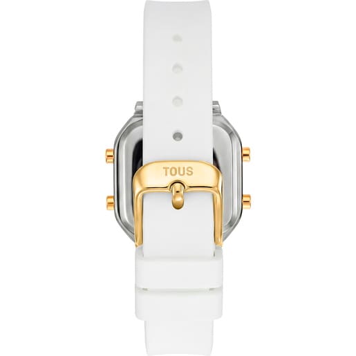 ساعة رقمية بحزام باللون الأبيض، وهيكل من الصُلب باللون الذهبي، ومرصعة بالأحجار الكريمة من تشكيلة TOUS XPRESURSLF.