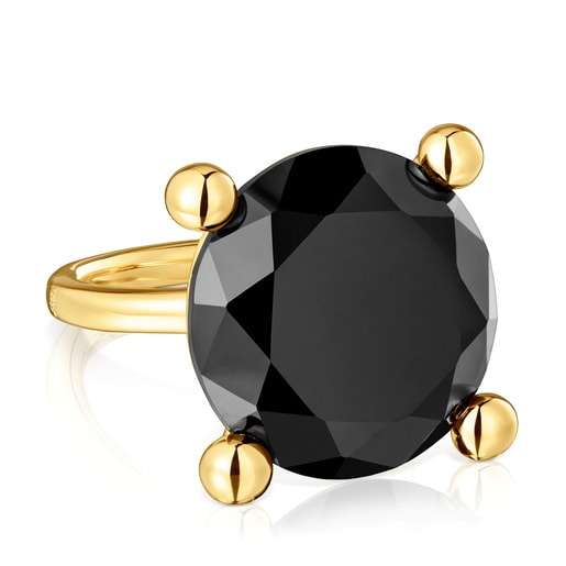 Anello in argento placcato oro 18 kt e onice grande Color Black