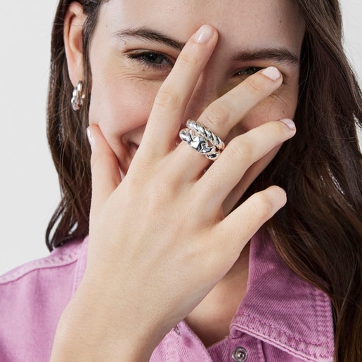 Twisted braided silver ring bear motif