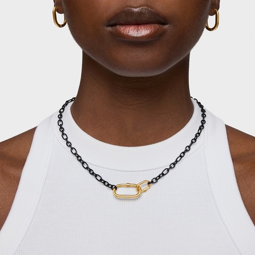 Collar corto de plata dark silver y anilla con baño de oro 18 kt sobre plata Hold Oval