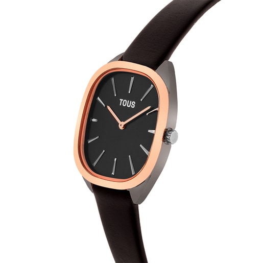 Reloj analógico de acero IPRG rosa con correa de piel negra Heritage