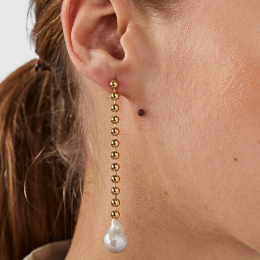 Long Silver Vermeil Gloss Earrings with Pearl | TOUS