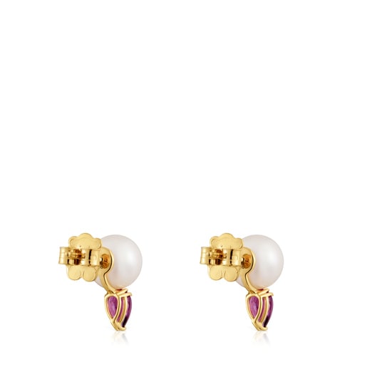 Gold Earrings with rhodolites and cultured pearl Ivette