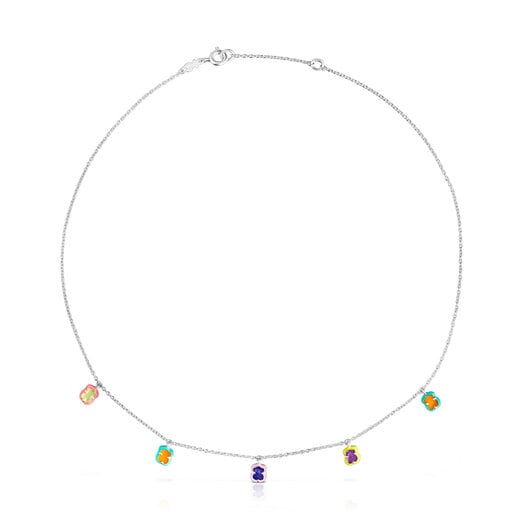 Silver TOUS Vibrant Colors bear charm Necklace with gemstones and enamel