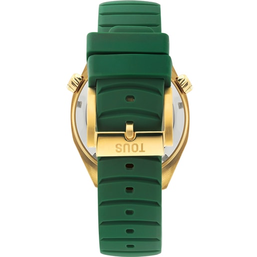 שעון אנלוגי Now של TOUS עם רצועת סיליקון ירוקה, מארז מפלדת IPG מוזהבת ועיצוב לוח שעון בגוון אם הפנינה