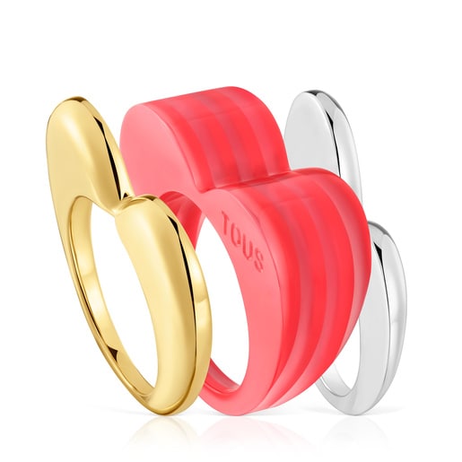 Set aus großen zweifarbigen, herzförmigen Ringen My Other Half aus rosafarbenem Azetat