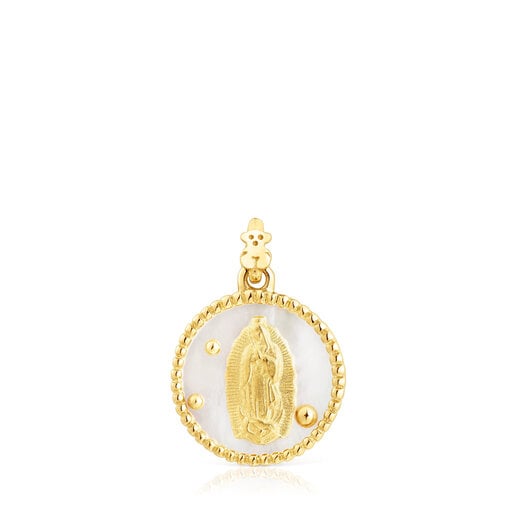 Medalla pequeña con baño de oro 18 kt sobre plata y nácar Virgen de Guadalupe Devoción