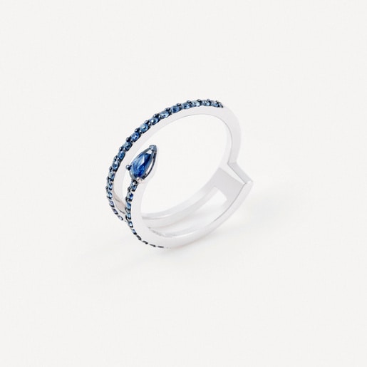 Anell doble dor blanc amb safir blau talla pera TOUS ATELIER