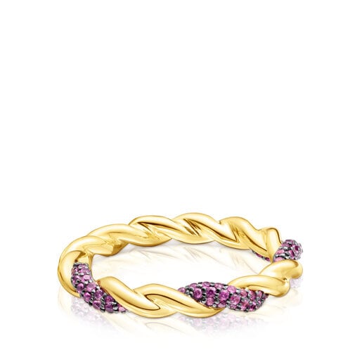 Zlatý prsten Twisted s růžovým safírem