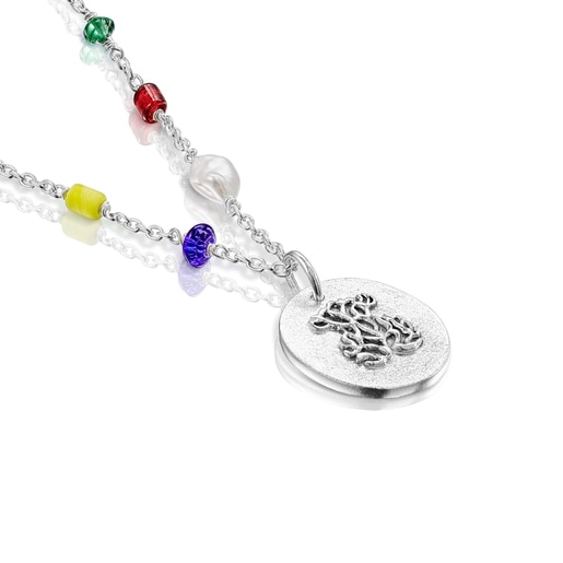 Collier Oceaan camaïeu long en argent, glass multicolore et cordon