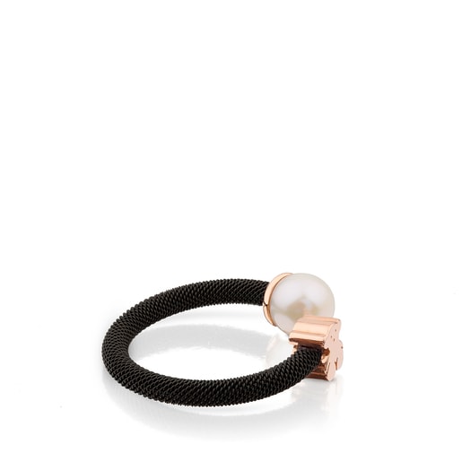 Anillo de acero IP negro con baño de oro rosa 18 kt sobre plata y perla cultivada motivo oso Icon Mesh