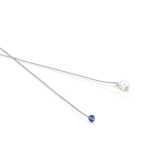 Collana aperta con gemme di orsetto in argento, perla e tanzanite