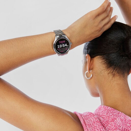 T-Shine Connect Smartwatch with steel wristband with black cubic zirconias