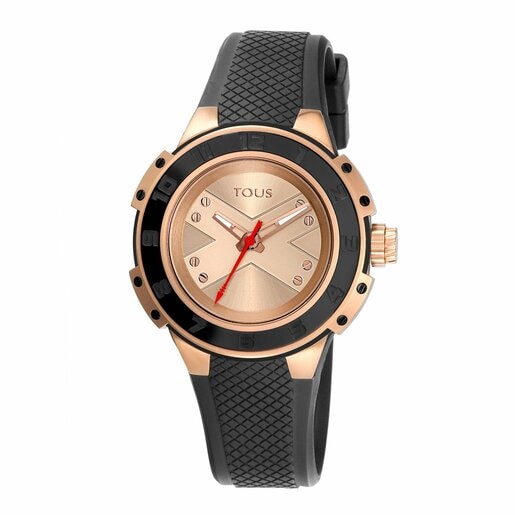 黒いシリコンバンドが付いたピンク / ブラックのステンレス IP バイカラー腕時計 Xtous Lady