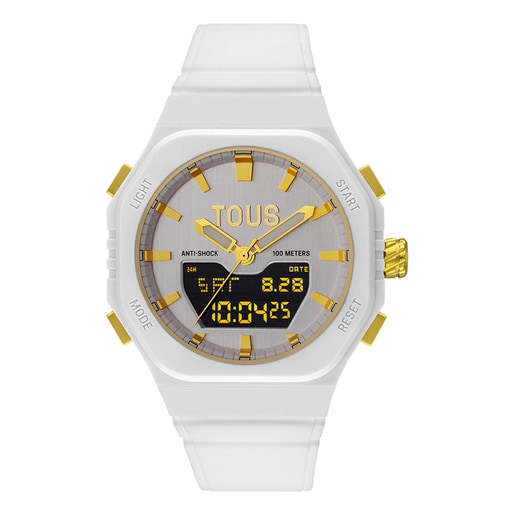 Reloj analógico/digital de acero IPG dorado con brazalete de nylon blanco Bet