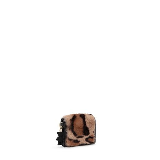 Mały portfel TOUS Amaya Wild ze sztucznego futra z beżowo-czarnym motywem zwierzęcym