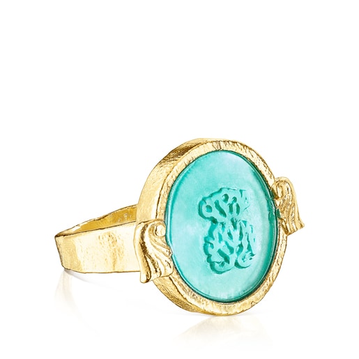 Silver vermeil Oceaan Color cameo Ring with green glass