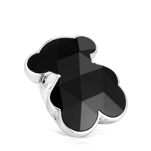 Anillo sello grande de plata y motivo oso en ónix Icon Color