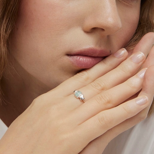 Silver Bold Motif Ring with an amazonite bear