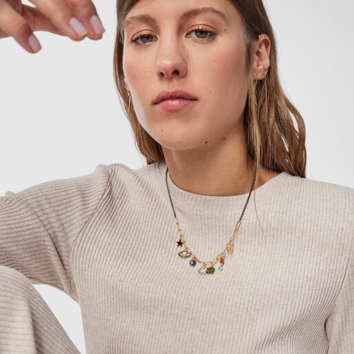 Колье TOUS Good Vibes с шармами из вермеля и темного серебра с драгоценными камнями