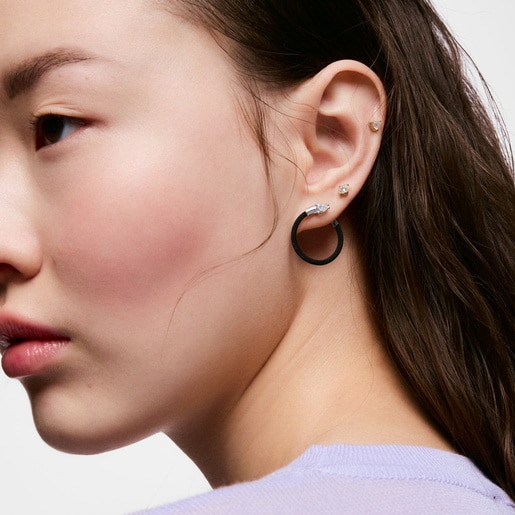 Boucles d’oreilles anneaux en platine, acier noir et diamants créés en laboratoire TOUS Mesh LGD