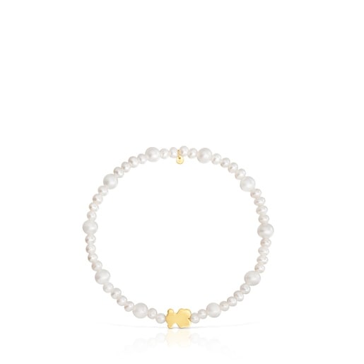 Pulsera elástica de perlas cultivadas y motivo oso de oro Sweet Dolls