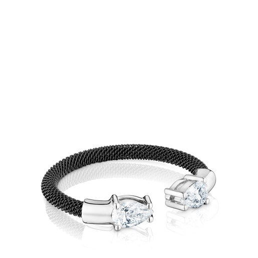 Platinum, black steel and lab-grown diamonds Open ring TOUS Mesh LGD