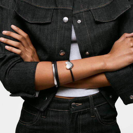 Pulsera esclava de plata y caucho doble Bold Motif