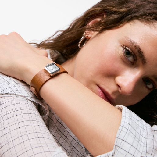 Analog Watch with brown leather and steel bracelet TOUS KARAT EMERALD MINI