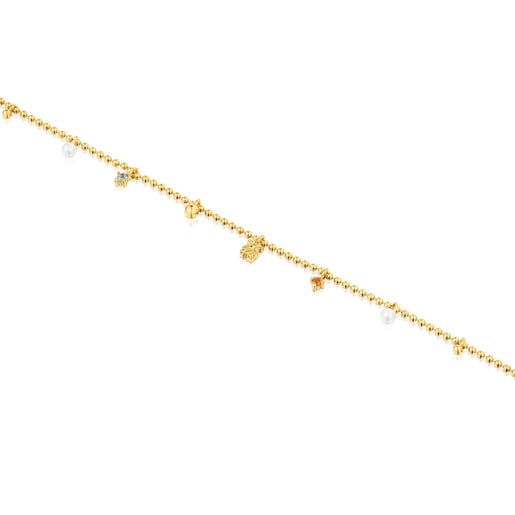 Řetízkový náramek TOUS Grain ze stříbra pozlaceného 18karátovým zlatem s uměle vypěstovanými perlami a drahými kameny