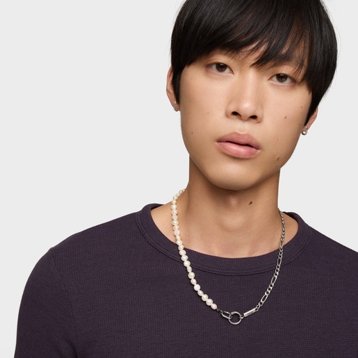 Collar cadena barbada de plata y perlas cultivadas Hold Man