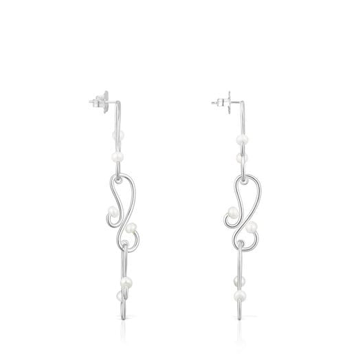 Long Tsuri Earrings with silver motifs and cultured pearls