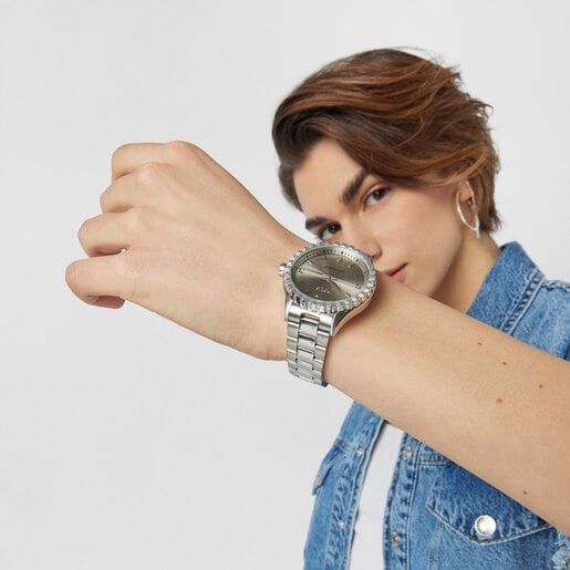 Silver-colored IP steel Tender Bear Watch with embossed bears