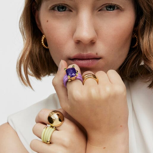 Pack of mauve and yellow St. Tropez Caucho Rings with gemstones