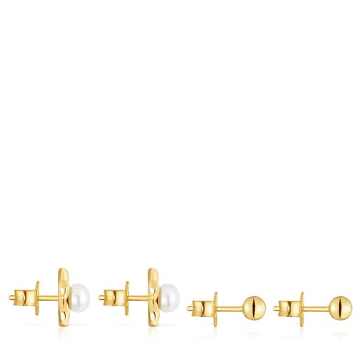 Pack de aretes con baño de oro 18 kt sobre plata motivo flor y perlas cultivadas Virtual Garden